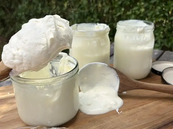 Frisch abgefüllter Joghurt in sauberen Gläsern auf dem Holzbrett